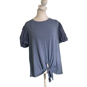Como Blu Womens XL Blue Short Sleeve Top With Eyelet Detail & Front Tie NWT